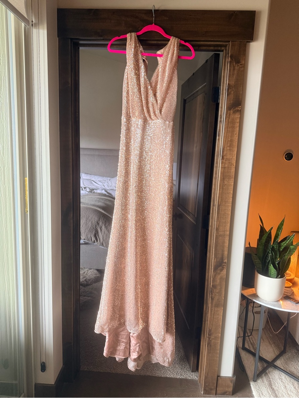 Pronovias Champagne/pink Sequin Evening Gown with train, open back